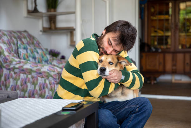 istock Young man embracing his dog at home 1240259001