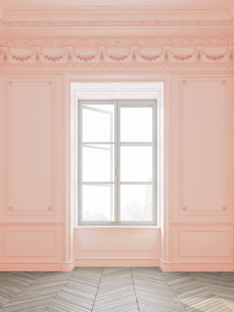 istock Bright, empty and light coral colored room with big windows. 3d rendering. 1240284194
