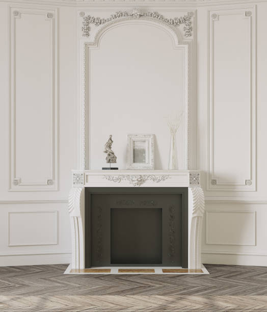 istock Bright, light and empty white room with fireplace and wall decoration. 3d rendering. 1240284707