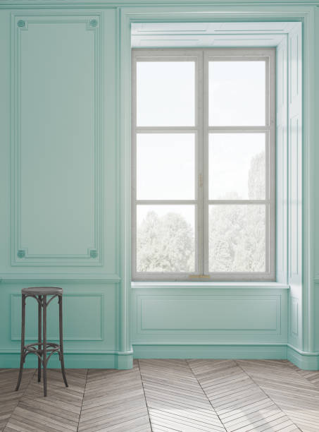 istock Bright, empty and light turquoise colored room with big windows. Bar stool, wooden chair. 3d rendering. 1240285238
