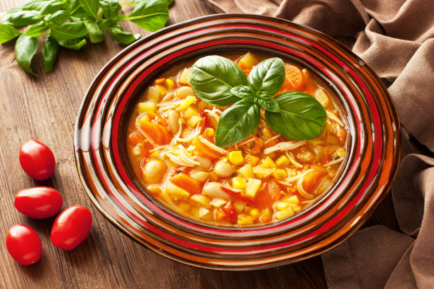 istock Minestrone, italian vegetarian soup with  noodle and vegetables 1240290570