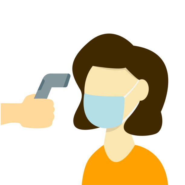 Temperature measurement in women with a digital thermometer Temperature measurement in women with a digital thermometer. Body Temperature Check during Covid-19 Outbreak Vector Illustration in Flat Design. Fever Check taking temperature forehead stock illustrations