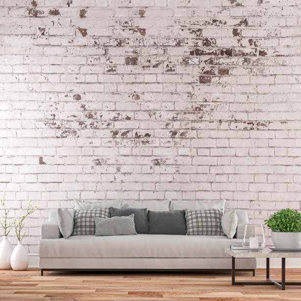 istock Elegant living room with sofa whole view - ruined wall 1240314255
