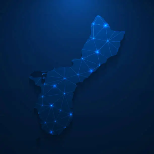 Vector illustration of Guam map network - Bright mesh on dark blue background