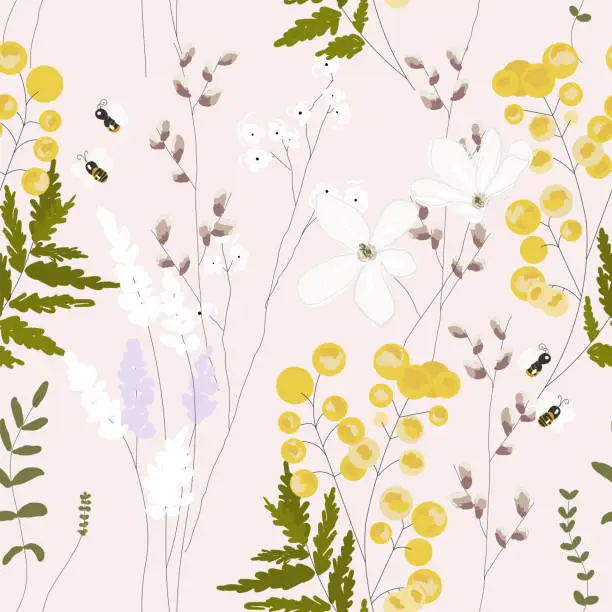 Vector illustration of hand drawn floral spring seamless pattern