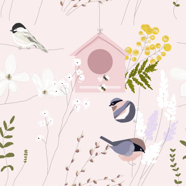 手描き花の春シームレスパターン - tree bird flower pattern点のイラスト素材／クリップアート素材／マンガ素材／アイコン素材