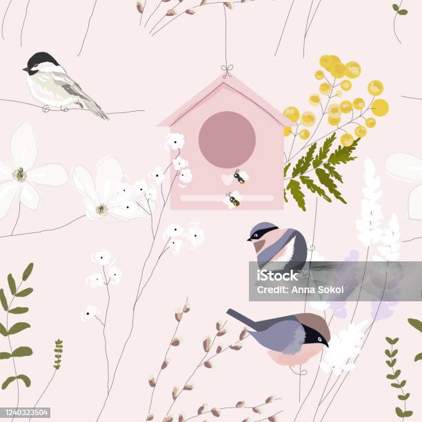 Hand Drawn Floral Spring Seamless Pattern Stock Illustration - Download Image Now - Bird, Watercolor Painting, Springtime