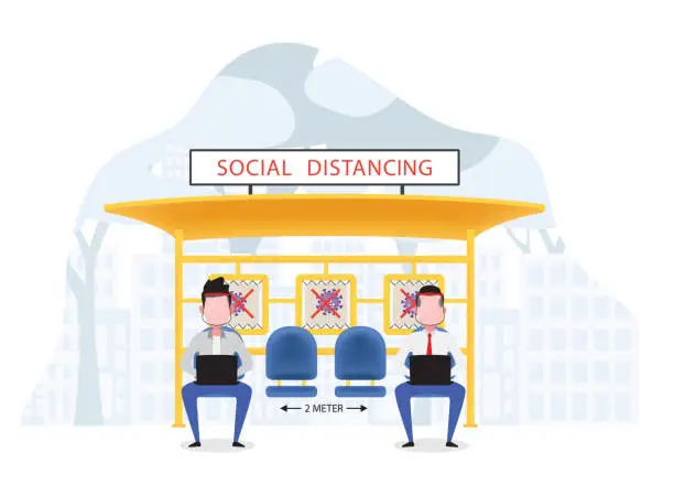 Vector illustration of A cartoon showing social distancing at a bus station, a men are sitting on a chair and keep their distance