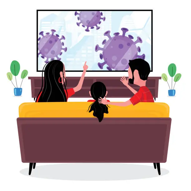Vector illustration of A family with mom, dad and daughter watching  news about covid19 or coronavirus at home in living room