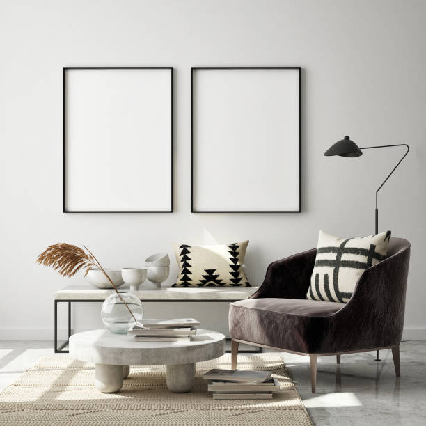 istock mock up poster frame in modern interior background, scandinavian style, 3D render 1240333903