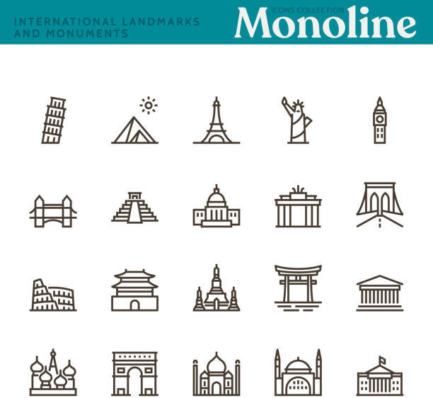 ilustrações, clipart, desenhos animados e ícones de marcos e monumentos internacionais, conceito monoline - travel locations europe china beijing