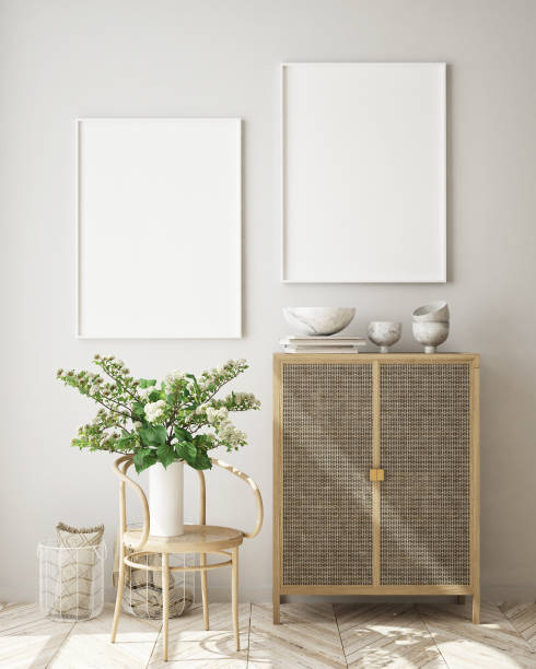 istock mock up poster frame in modern interior background, scandinavian style, 3D render 1240334950