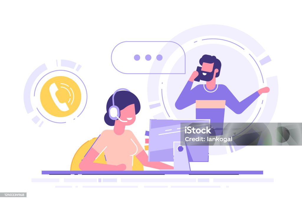Woman with headset is sitting at her computer and  talking with client. Clients assistance, call center, hotline operator, consultant manager, technical support and customer care. Vector illustration. Using Phone stock vector