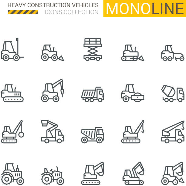 ilustraciones, imágenes clip art, dibujos animados e iconos de stock de iconos de vehículos industriales. - hydraulic platform illustrations