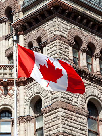 Toronto, Canada - May 16, 2020: The waving Canadian flag with Old City Hall in background in Toronto, Canada. Toronto is the provincial capital of Ontario and the most populous city in Canada.