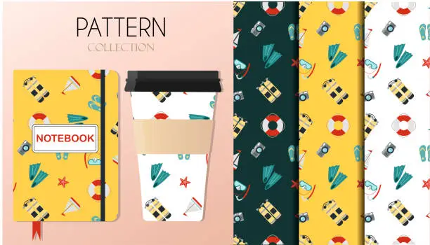 Vector illustration of A pattern with summer accessories a swimsuit, surfboard, flip-flops, a set for snorkeling ice cream and cooling drinks. The background is depicted on a notebook and coffee cups. Background for flat illustrations on a summer, beach theme, for scuba diving,