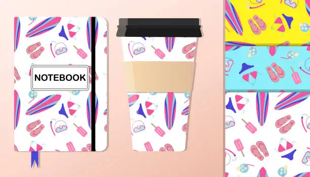 Vector illustration of A pattern with summer accessories a swimsuit, surfboard, flip-flops, a set for snorkeling ice cream and cooling drinks. The background is depicted on a notebook and coffee cups. Background for flat illustrations on a summer, beach theme, for scuba diving,