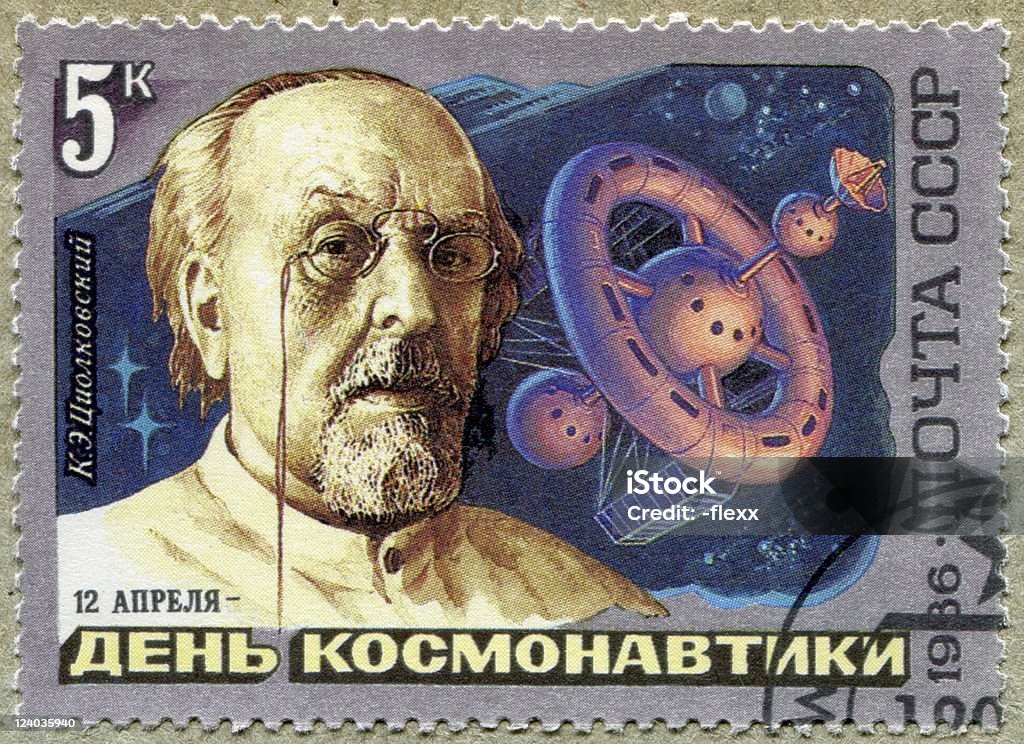 postage stamp A stamp printed in the USSR shows Soviet scientist, the father of astronautics Konstantin Tsiolkovsky, circa 1986. Collection Stock Photo