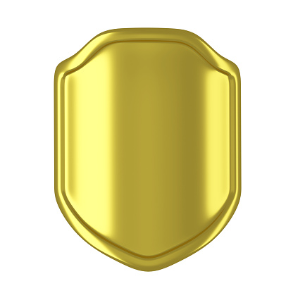 Golden shield isolated on white background. 3D illustration