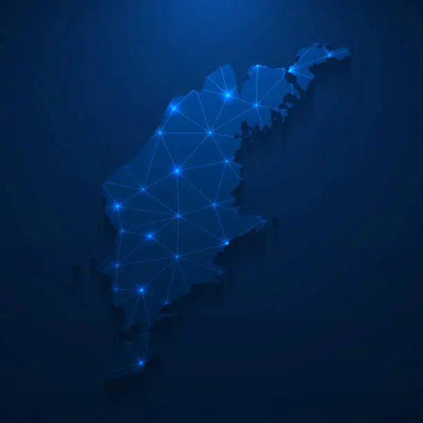 Vector illustration of Gotland map network - Bright mesh on dark blue background