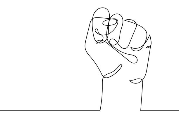 kontinuierliche linienzeichnung der starken faust erhoben. menschlicher arm mit geballten fingern, eine linie zeichnung vektor-illustration. konzept von protest, revolution, freiheit, gleichheit, kampf für menschenrechte - black line stock-grafiken, -clipart, -cartoons und -symbole