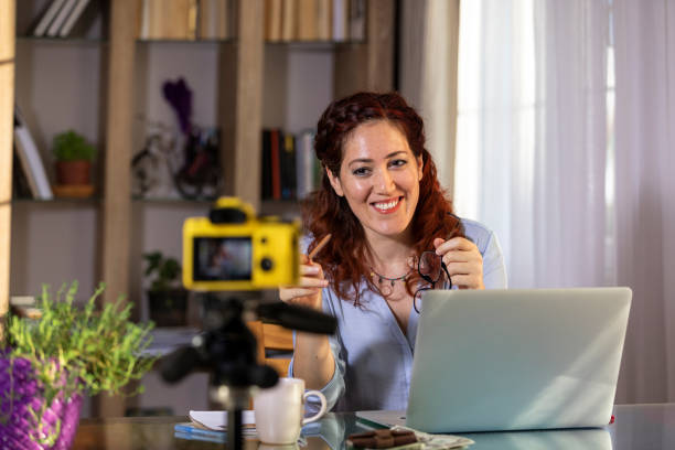 istock Woman making online lesson with live streaming. 1240407847