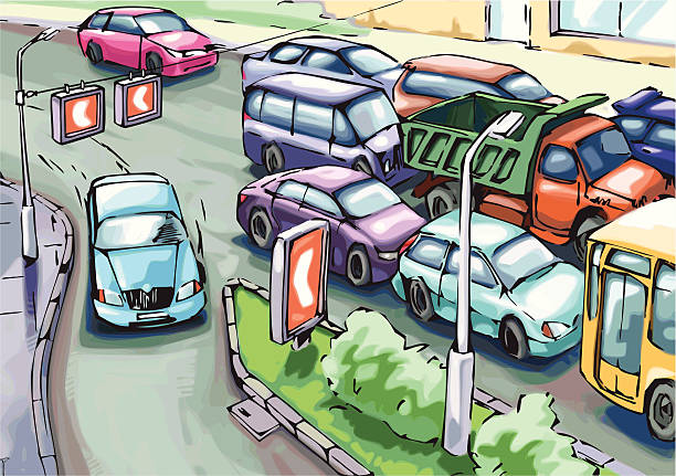 Drawing Of A Traffic Jam And Car Taking An Exit Avoiding It Stock  Illustration - Download Image Now - iStock