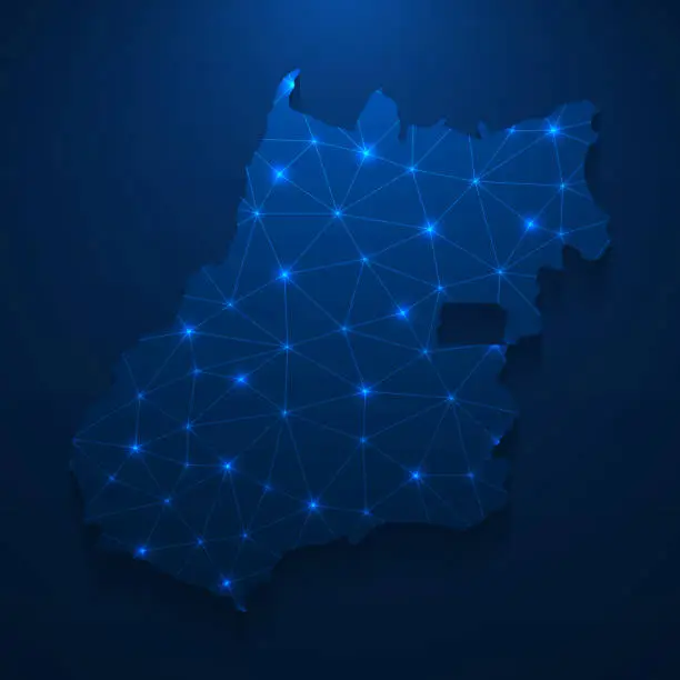 Vector illustration of Goias map network - Bright mesh on dark blue background