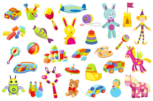 Baby toy set. A variety of children toys. Cute funny toys for little kid Baby toy set. A variety of children toys. Cute funny toys for little kid. child robot class stock illustrations