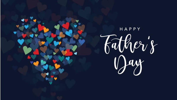 ilustrações de stock, clip art, desenhos animados e ícones de happy father's day holiday greeting card with handwriting text lettering and vector hearts background illustration - fathers day