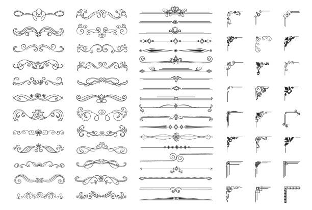 Very large set of decorative design ornaments Very large set of decorative vector design ornaments or elements in black and white for patterns and corners calligraphy illustrations stock illustrations