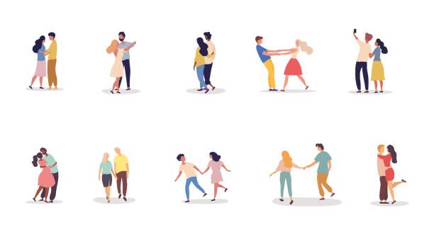 Collection of different romantic couples on a date Collection of ten different romantic couples on a date holding hands, dancing, kissing, embracing and taking a selfie on white, colored vector illustration couple holding hands stock illustrations