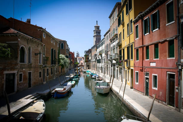 Small channel at Venice with colored buildings an shop, Italy. Copy space