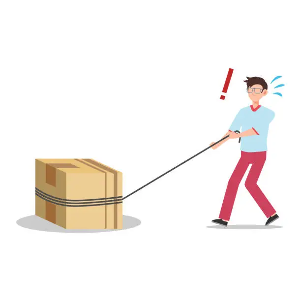 Vector illustration of Cartoon character illustration of young man courier delivery pulling the big box with rope. Flat design isolated on white.