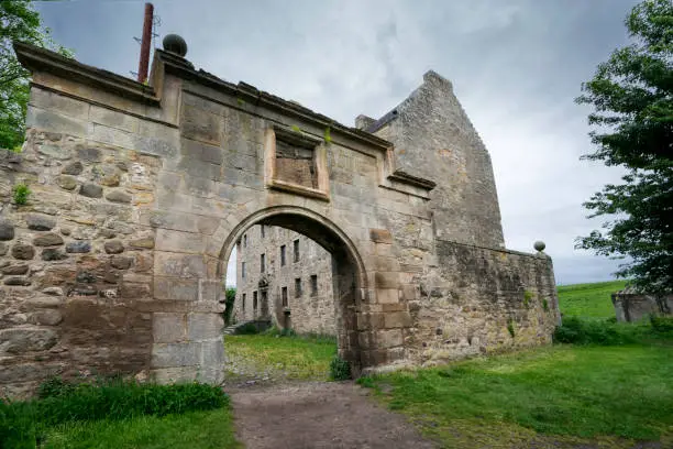 This abandoned, empty stone building dating from 16th century is a popular outdoor wedding venue in Scotland due to romantic associations with Jamie and Claire Fraser in the hit Outlander tv saga series, Edinbugh, Scotland, UK, Europe