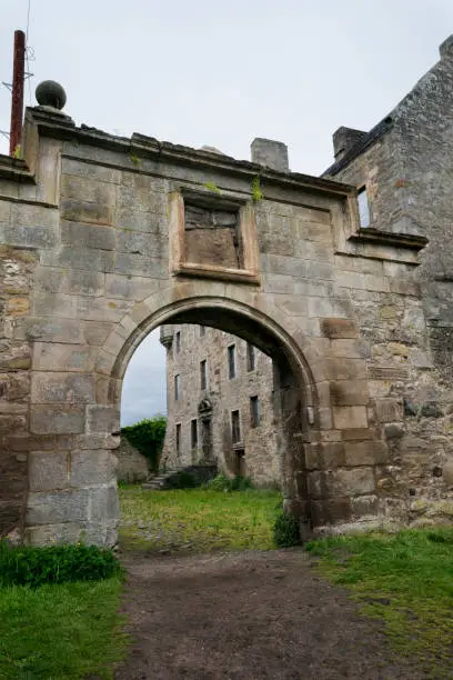 This abandoned, empty stone building dating from 16th century is a popular outdoor wedding venue in Scotland due to romantic associations with Jamie and Claire Fraser in the hit Outlander tv saga series, Edinbugh, Scotland, UK, Europe