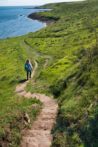 Female tourist walks down steps on a dirt trail leading away from Crail fishing village, Fife Coastal Path, Crail, Kingdom of Fife, Scotland, Europe