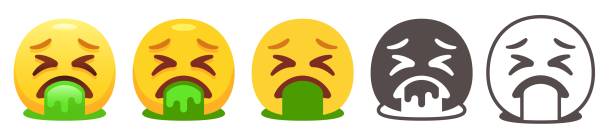 Vomiting emoji Yellow face with X-shaped eyes spewing green vomit. Spew or throwing up emoticon flat vector icon set puke green color stock illustrations