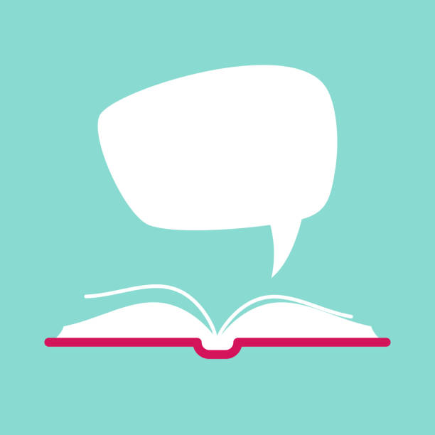 istock Open book with red book cover and white speech bubble flying out. Isolated on powder blue background. 1240500470