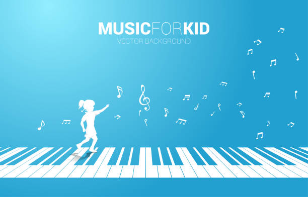 векторный силуэт девушки, бегущей с клавишой фортепиано с летающей нотой. - musical staff music piano blue stock illustrations