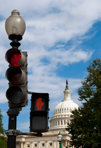 A red light - do not cross signal outside the U.S. Capitol Building in Washington DC