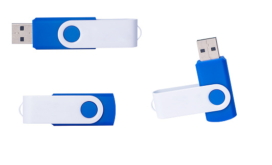 USB stick, USB drive blue and white, isolated on white. Data concept