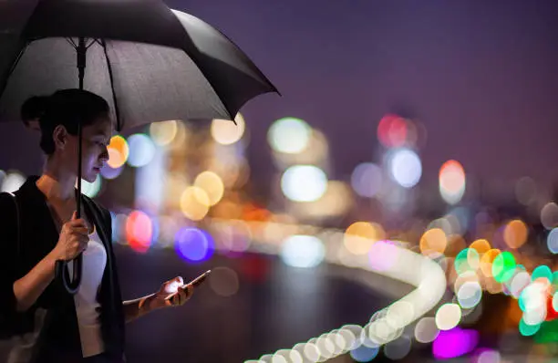 Photo of Young Chinese businesswoman using mobile phone holding umbrella in Shanghai