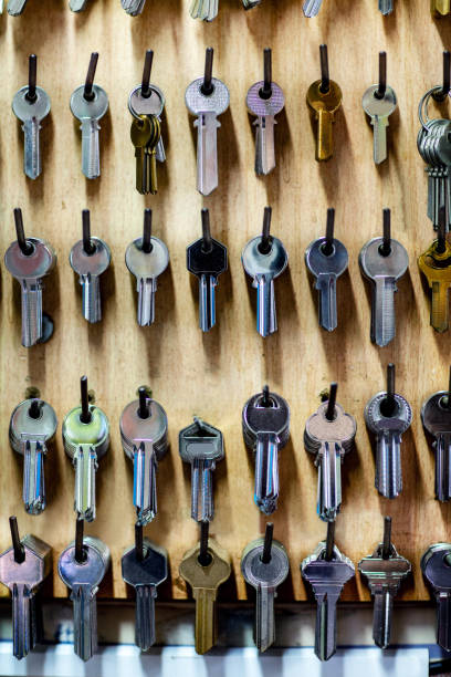 istock Retail display of blank keys at wall at locksmith workshop 1240606555
