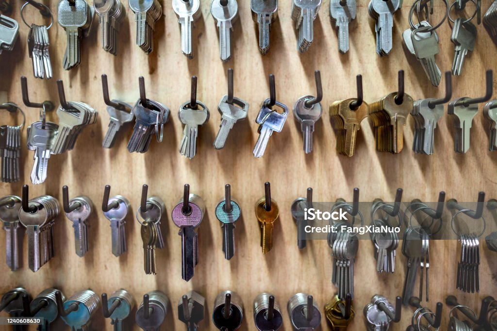 Retail display of blank keys at wall at locksmith workshop Key Stock Photo