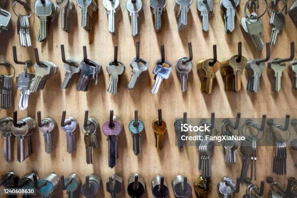 Retail Display Of Blank Keys At Wall At Locksmith Workshop Stock Photo - Download Image Now