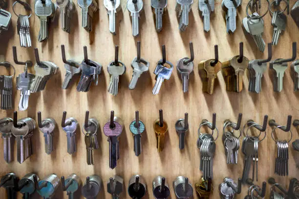 Retail display of blank keys at wall at locksmith workshop