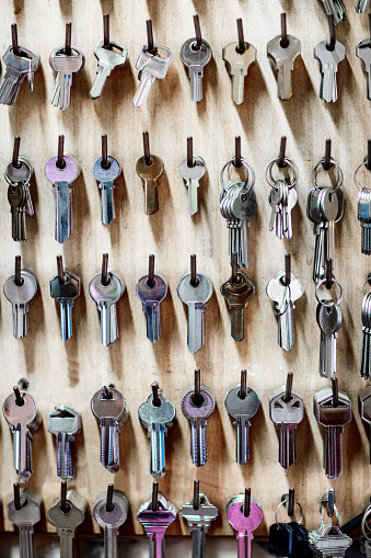 Retail display of blank keys at wall at locksmith workshop