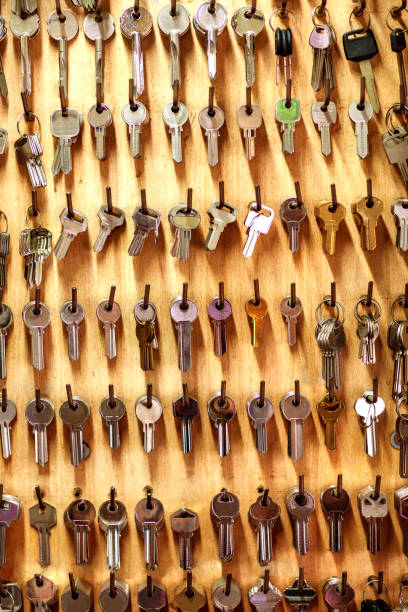 istock Retail display of blank keys at wall at locksmith workshop 1240616443