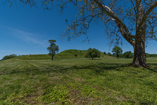 Multi level hill marks the site of monks mound archeological site in Southern Illinois